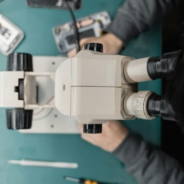 Close-up of a technician using a microscope for phone repair, highlighting precision work.